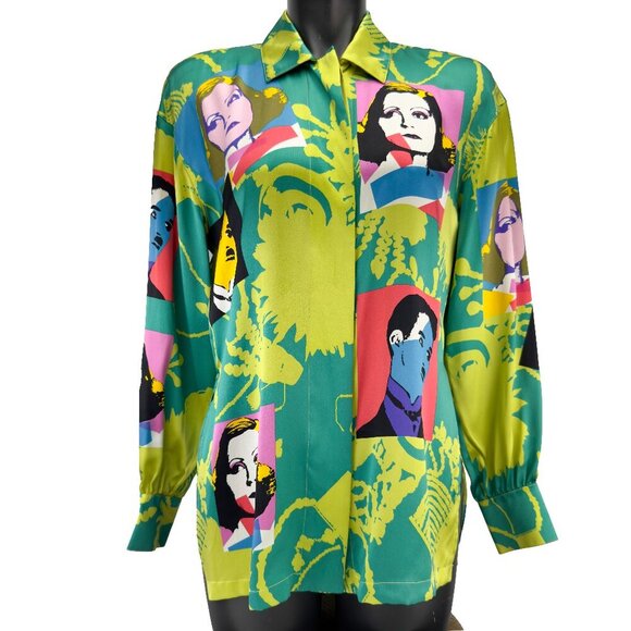 ESCADA Margaretha Ley VTG Pop Art 100% Silk Chaplin Garbo Multicolor Blouse 36 - Picture 2 of 14